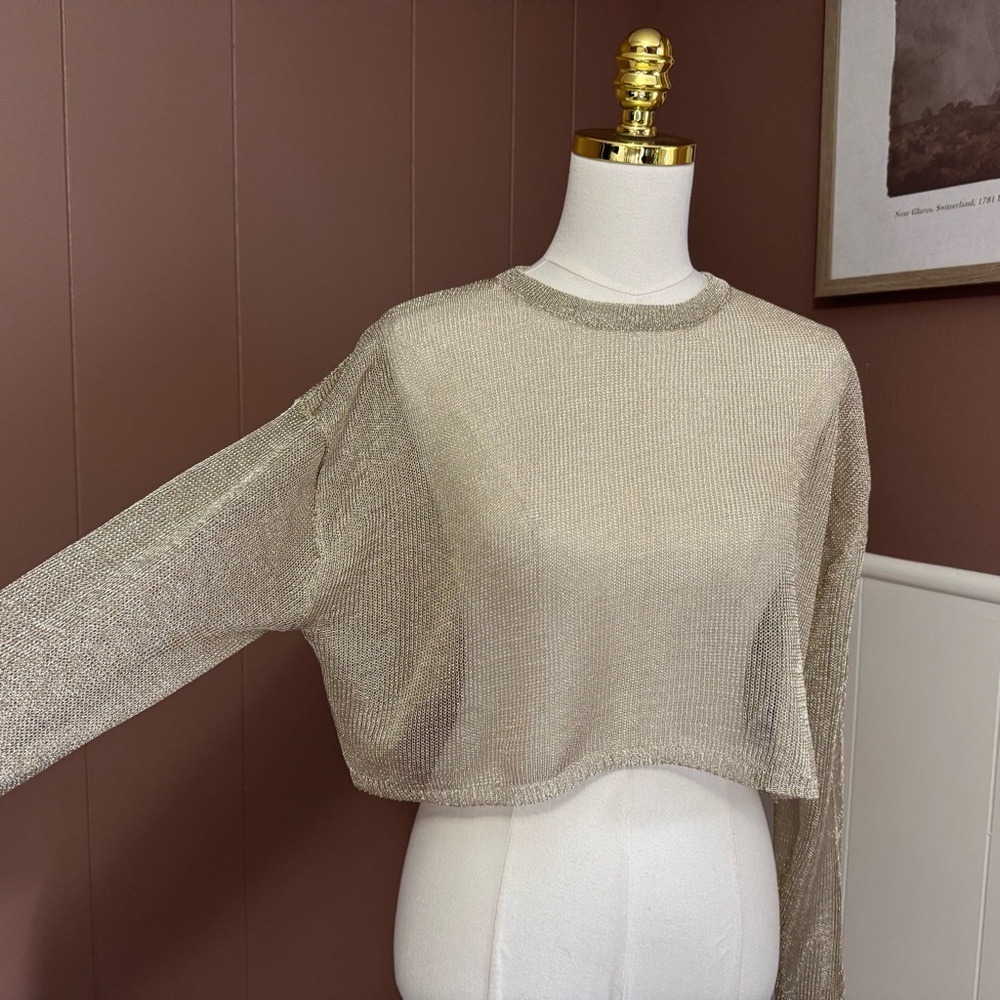 NWT Edikted Aviva Cropped Metallic Long Sleeve Top - Picture 6 of 15